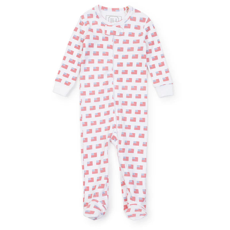 Parker Zipper Pajama American Flag by Lila and Hayes, made from 100% Peruvian cotton, showcasing a playful American flag pattern, perfect for babies aged 0-12 months. Ideal choice for american flag pajamas.