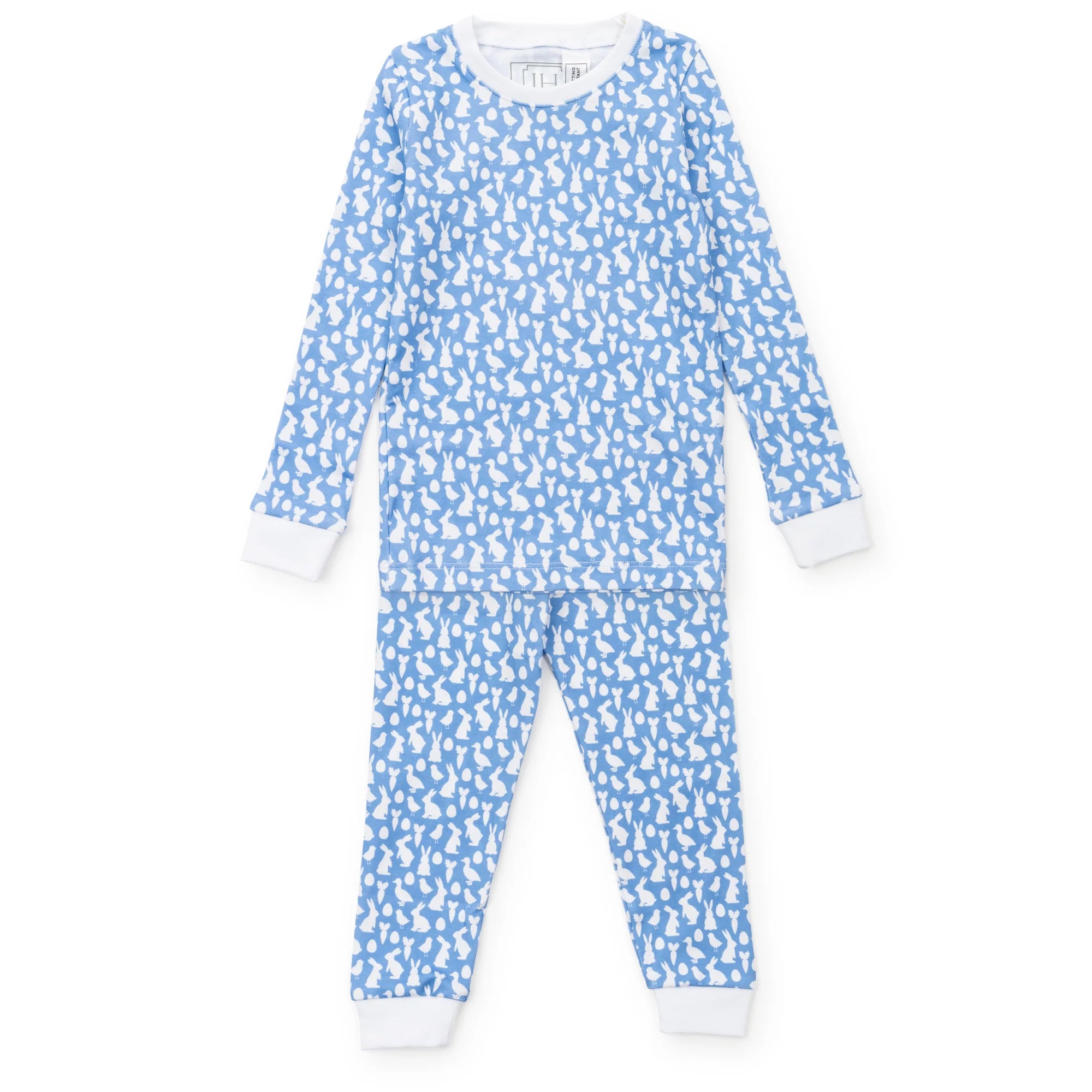 Grayson Pajama Set - Easter Time Blue by Lila and Hayes, featuring a light blue long-sleeve top and matching pants with a fun white pattern, perfect for kids cotton pajamas.
