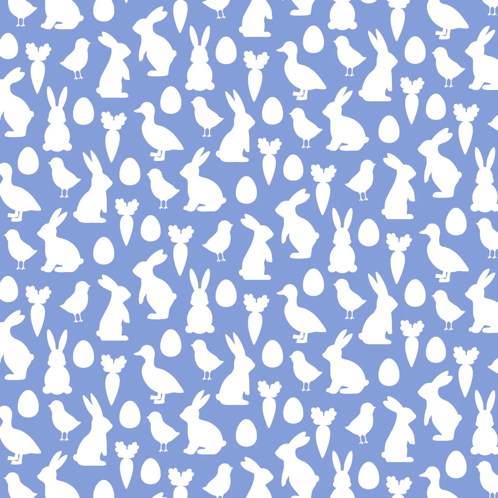 Print of Grayson Pajama Set - Easter Time Blue by Lila and Hayes, showcasing a fun pattern of white silhouettes of bunnies, birds, carrots, and eggs, ideal for kids cotton pajamas.