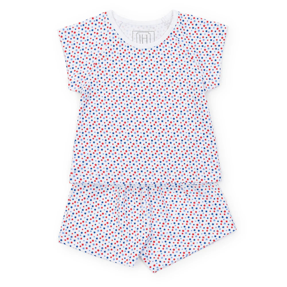 Emery-Star Spangled short cap sleeve top and short set featuring a playful star pattern, crafted from 100% Peruvian Pima Cotton by Lila and Hayes.