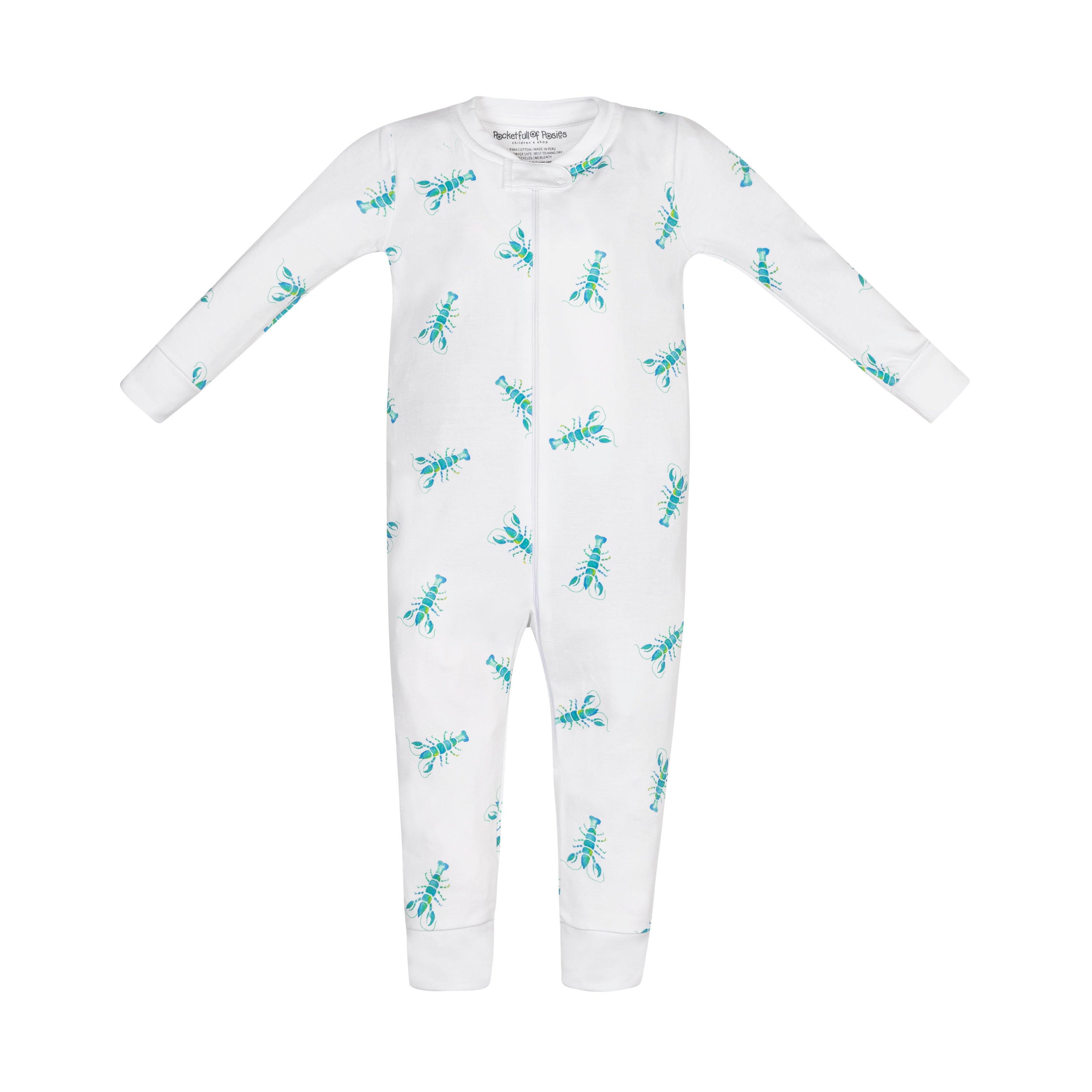 Front view of the Green Blue Lobster Zipper One Piece by Pocket Full of Posies, highlighting the unique watercolor zipper detail and playful design.