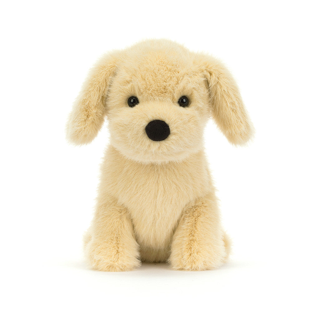 Golden Puppy stuffed animal by JellyCat, showcasing a cute, cuddly appearance with its round eyes and vibrant fur, sitting upright.