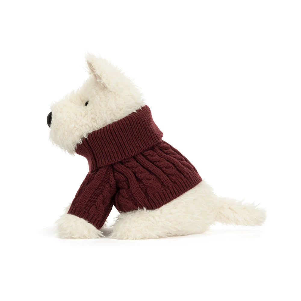Munro Scottie Dog Winter Jumper Outfit plush Scottie dog seated in winter clothing