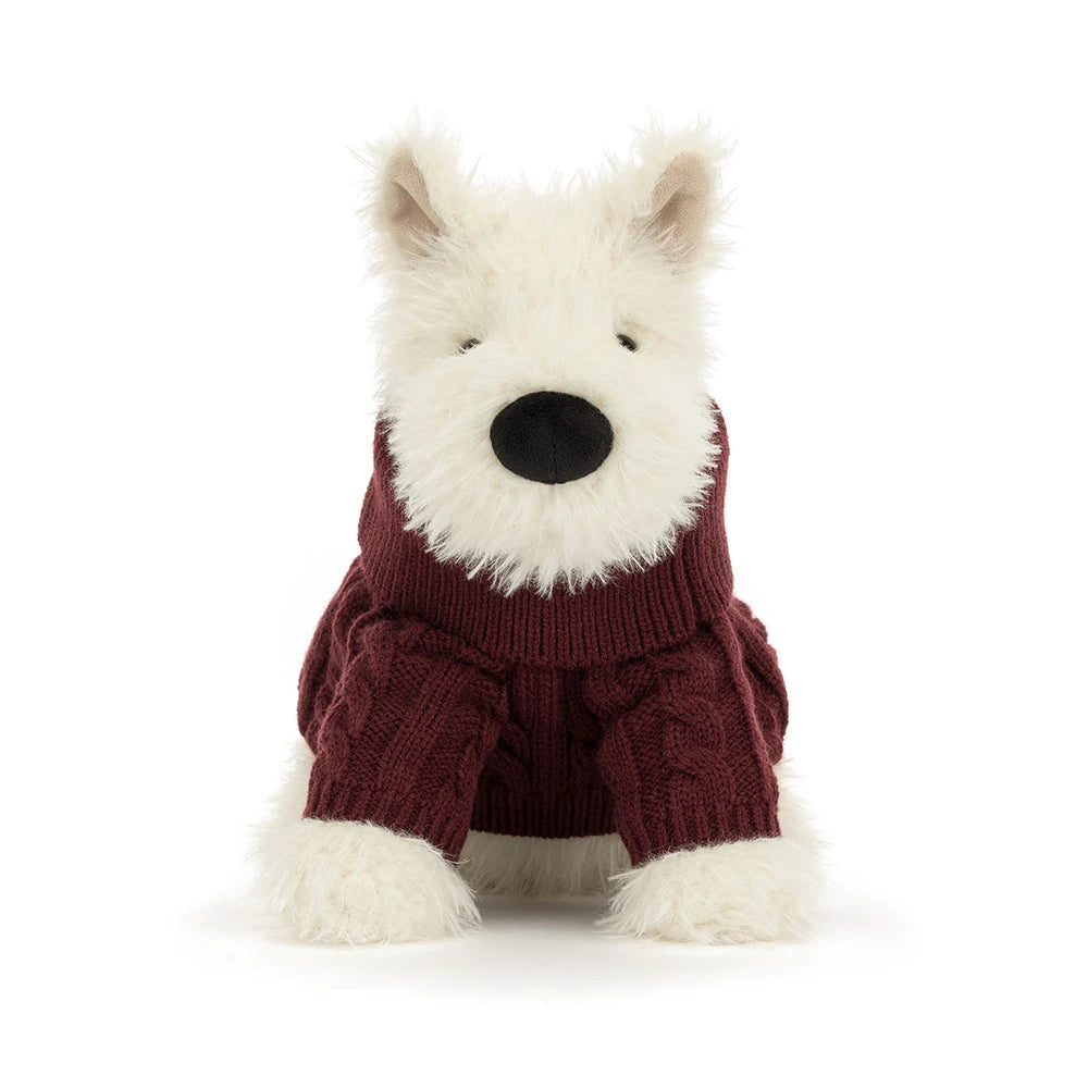 Munro Scottie Dog Winter Jumper Outfit plush toy in a cozy winter jumper