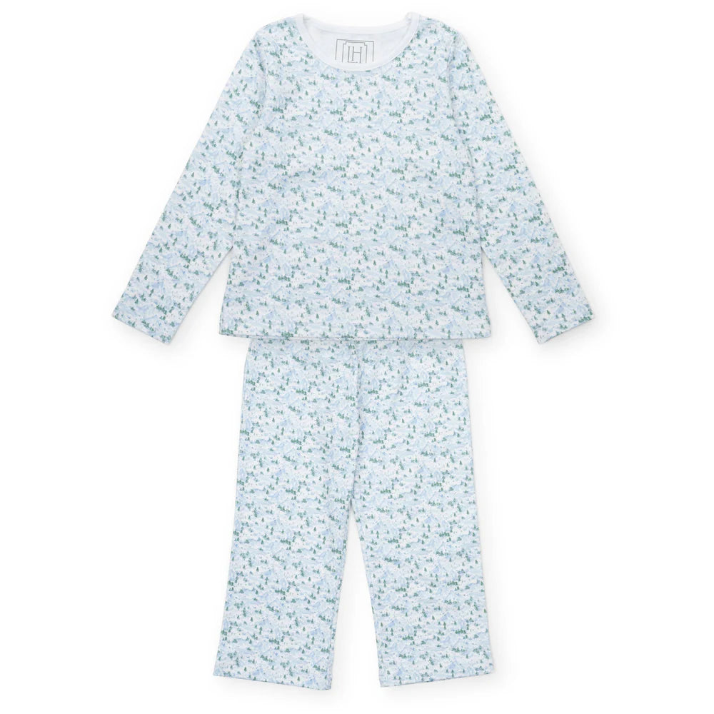 Millie Girls' Pant Set - Snow-Capped Mountains featuring a soft Pima cotton long sleeved top with white piping detail.