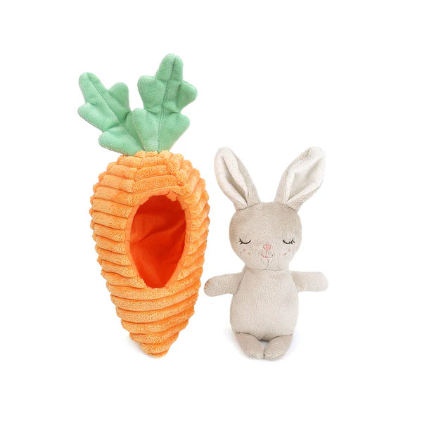 Mon Ami 2-Piece Bunny In Carrot Plush Toy Set showing a plush rabbit next to a cozy carrot, ideal for cuddles and imaginative fun.