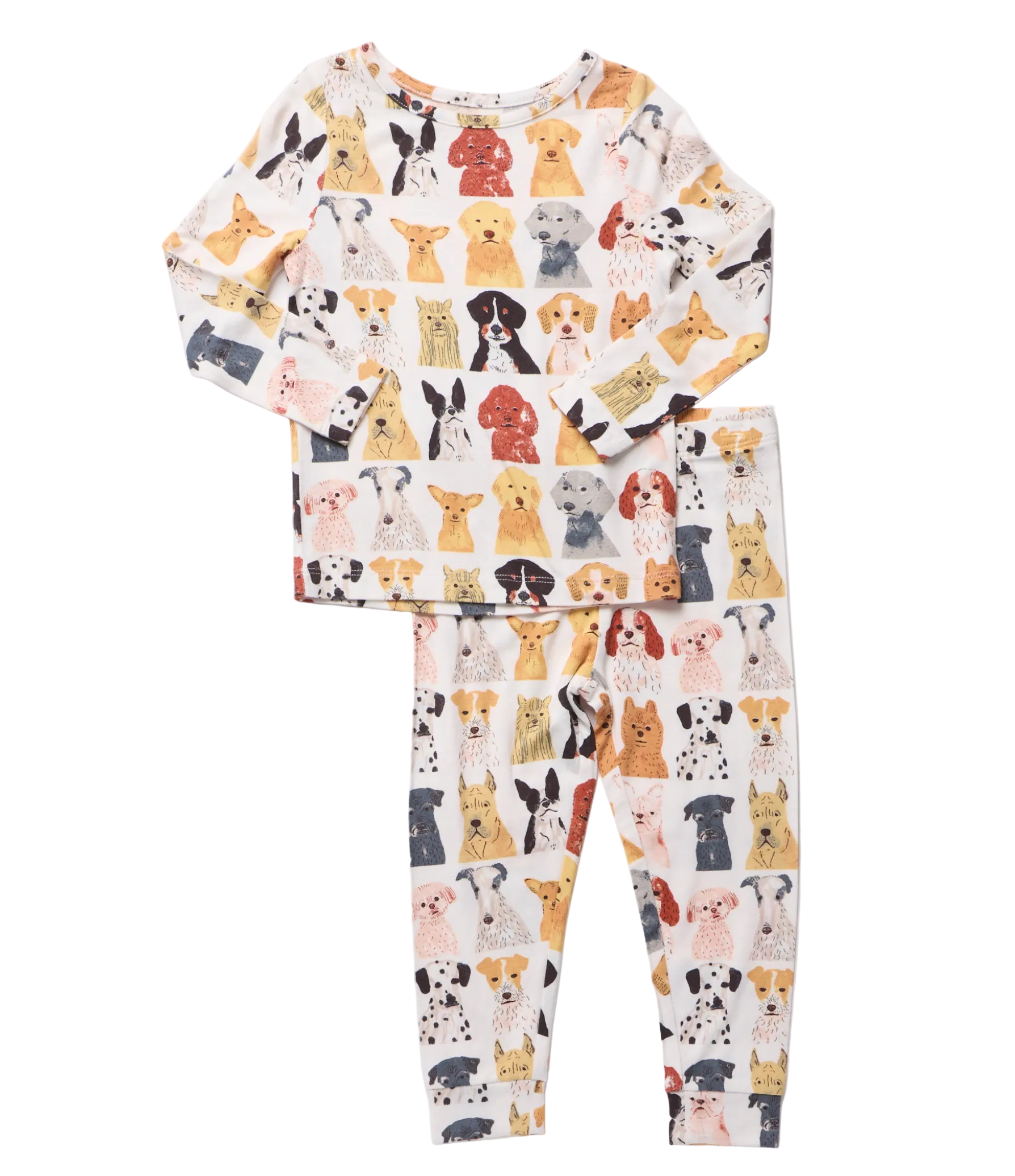 A two-piece children's pajama set featuring a long-sleeve top and matching leggings with an all-over print of various dog illustrations on a white background.