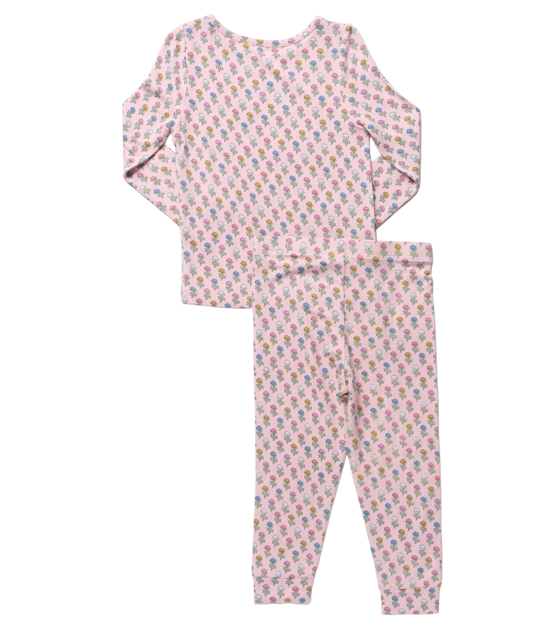 A two-piece long-sleeve pajama set featuring a matching top and leggings with an all-over small floral print on a light pink background.