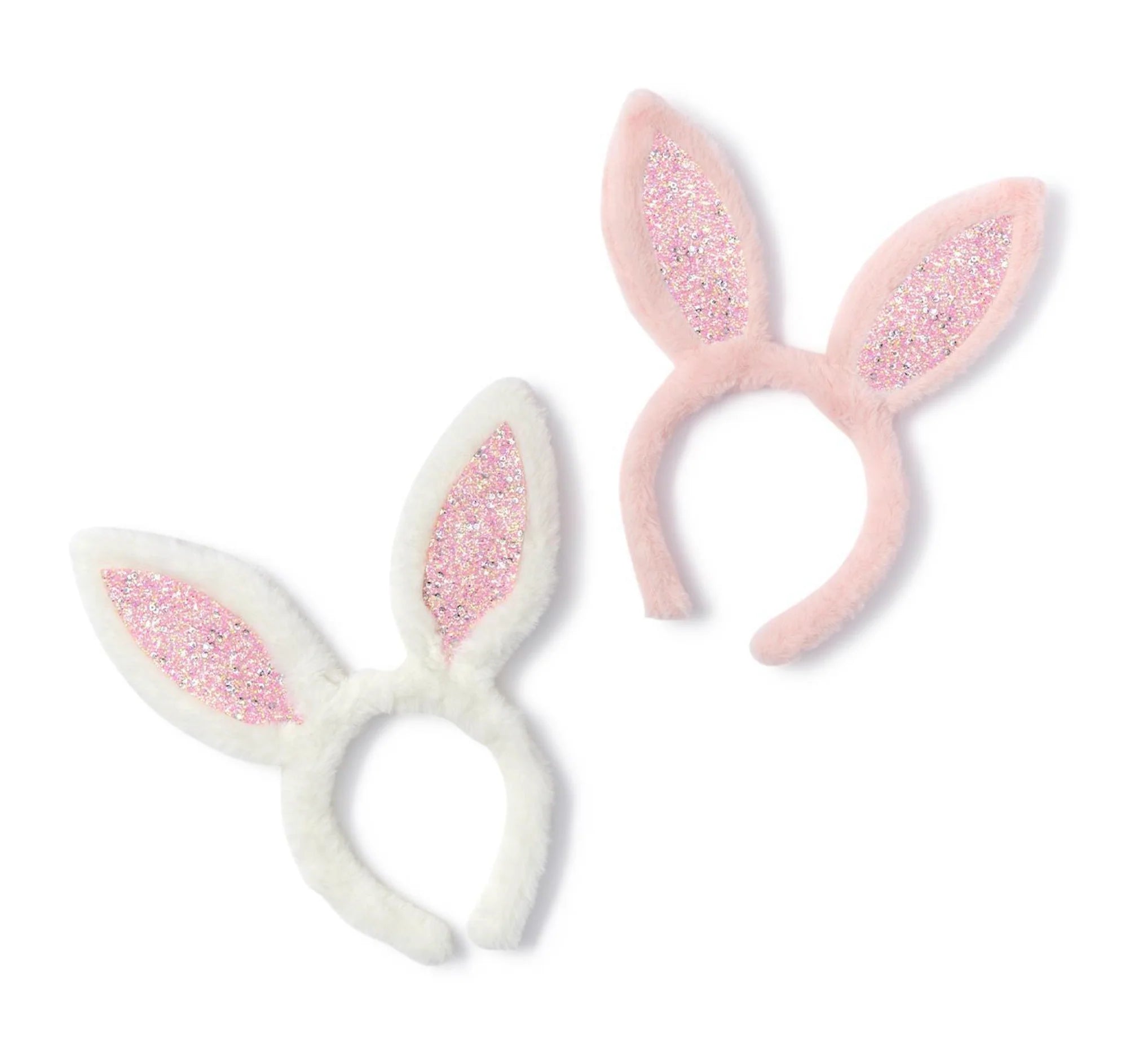 A pair of adorable Plush Bunny Ears with Glitter Headband from Cupcakes and Cartwheels, featuring soft faux fur in pink and white, perfect for Easter fun.