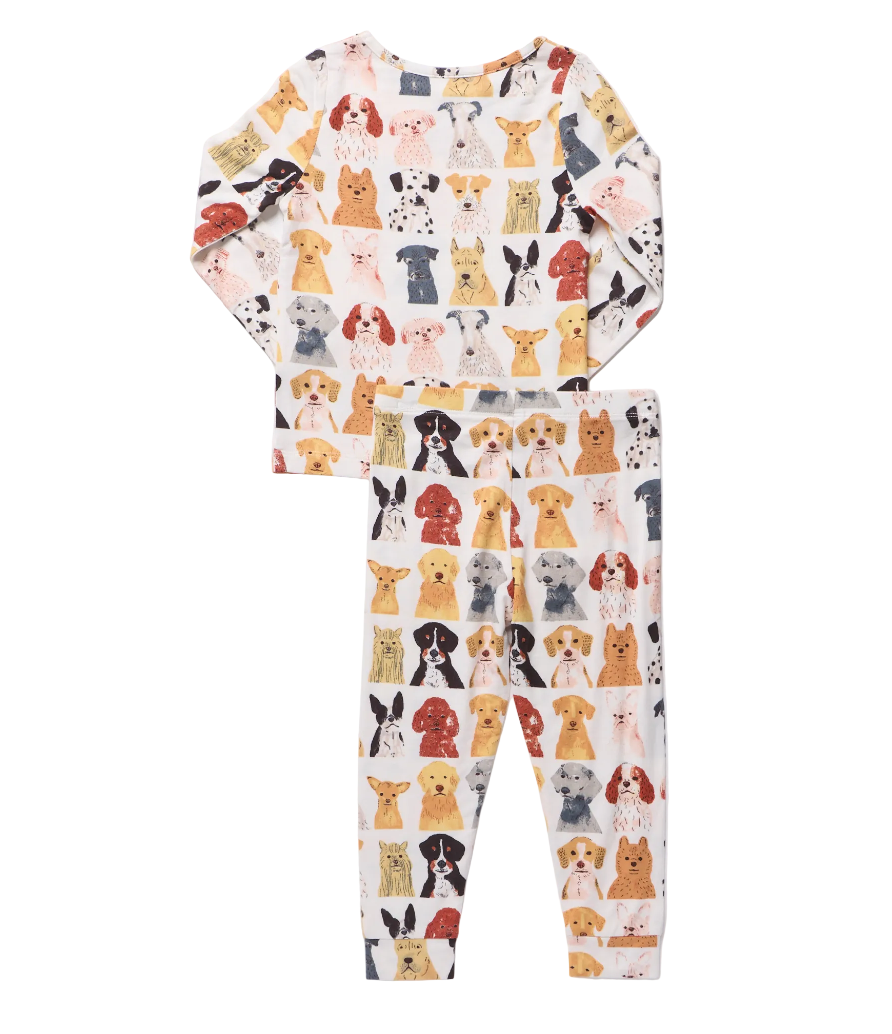 A two-piece children's pajama set featuring a long-sleeve top and matching pants, both printed with a colorful pattern of various dog illustrations on a white background.