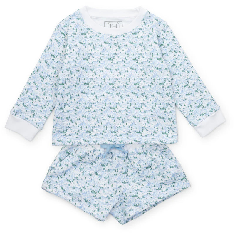 Stella Girls' 100% Peruvian Pima Cotton Sweatshirt & Shorts Set - Snow Capped Mountains displayed in a cozy living room setting.