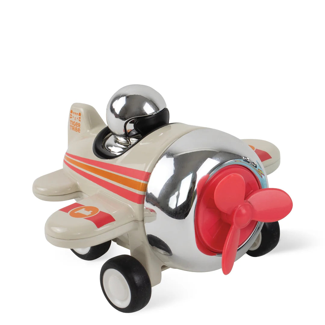 Presto Planes - Drifter Cream by Tiger Tribe, a charming vintage toy airplane with a shiny chrome pilot and colorful design, perfect for kids ages 3-7.