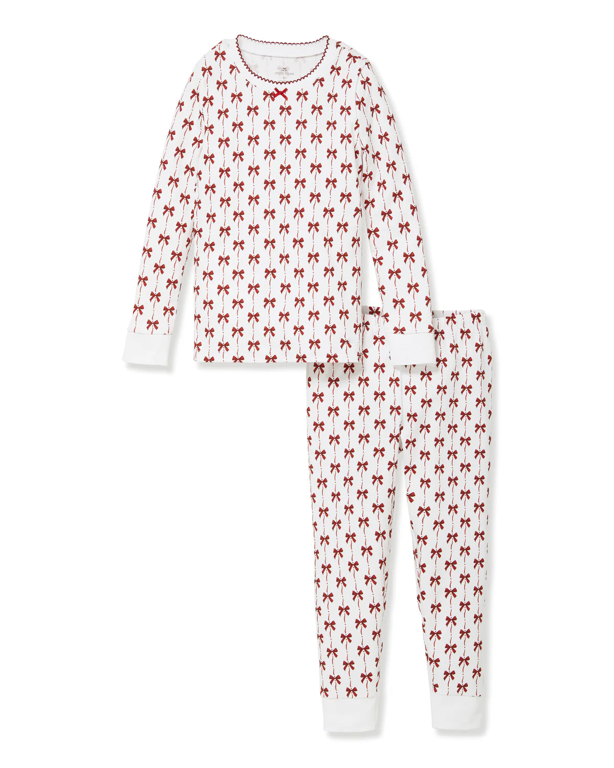 Girls Pima Snug Fit Pajama in Blissful Bows featuring a long sleeve top and pants, perfect for festive occasions.