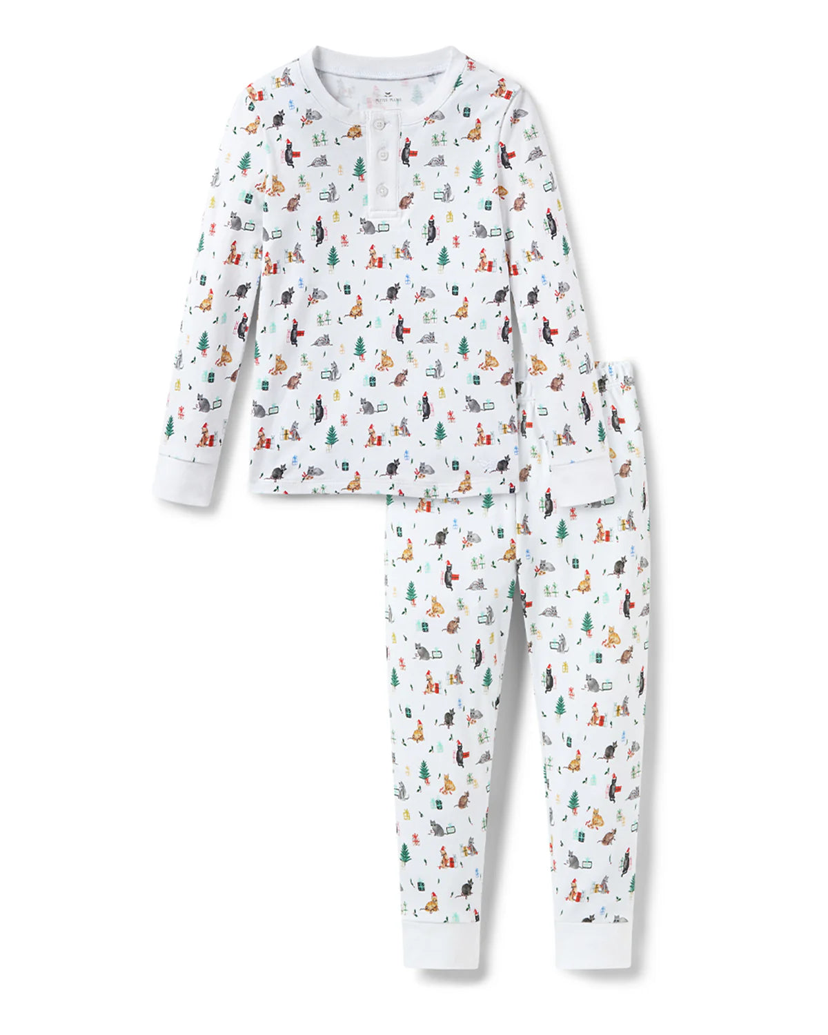 Kids Pima Snug Fit Pajama in Merry Meow featuring playful holiday print with festive cats, perfect for winter sleepwear.