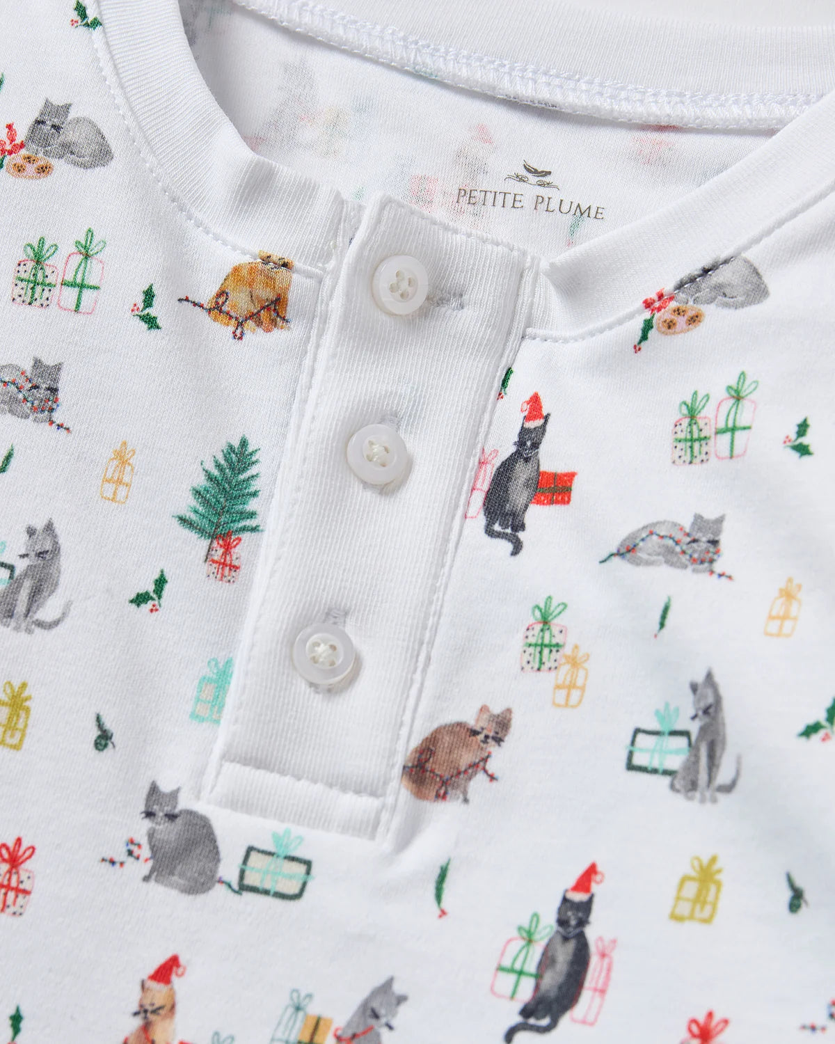 Cozy Kids Pima Snug Fit Pajama in Merry Meow, showcasing snug design and festive feline pattern for fun and comfy nights.