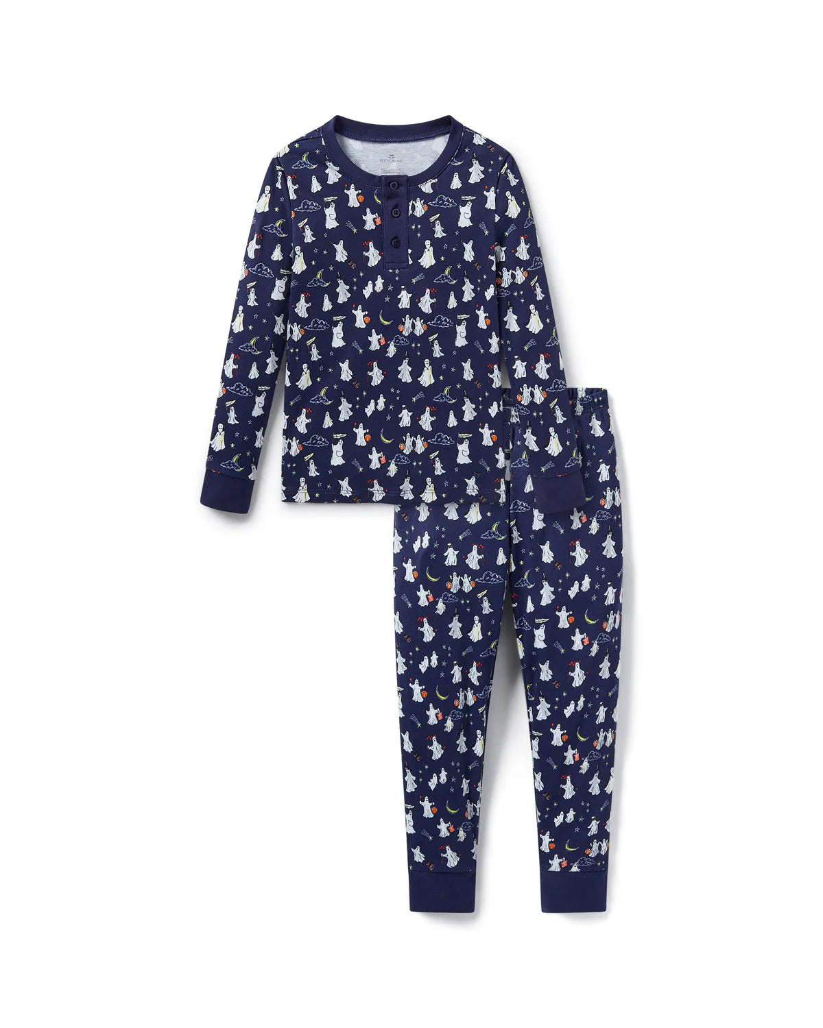 Kids Pima Snug Fit Pajama in Spooky Slumber by Petite Plume, featuring a long-sleeve top and pants with playful Halloween ghosts and stars.
