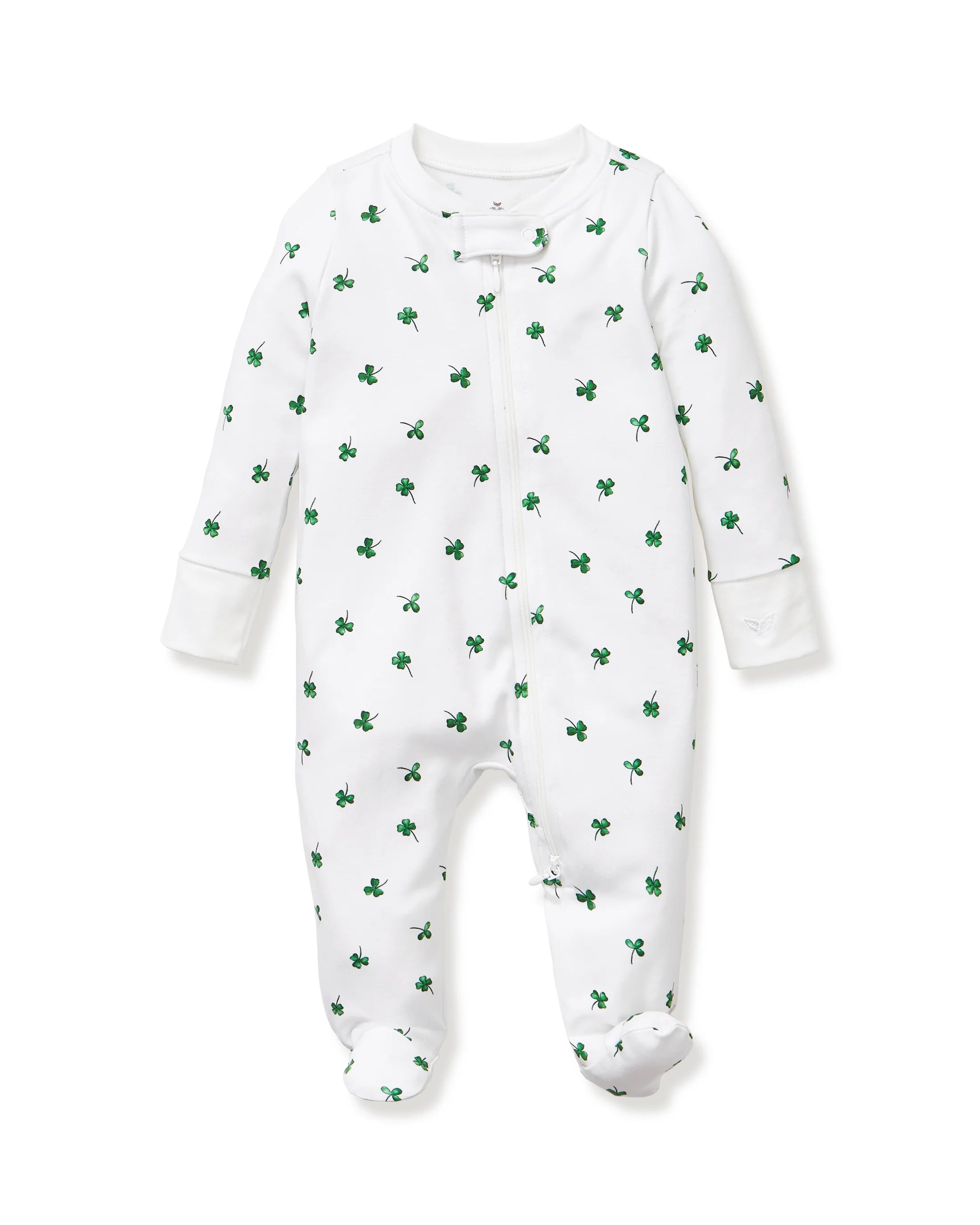 Baby's Pima Romper in Shamrocks by Petite Plume features a white background with tiny green shamrock patterns, designed for comfort and style.