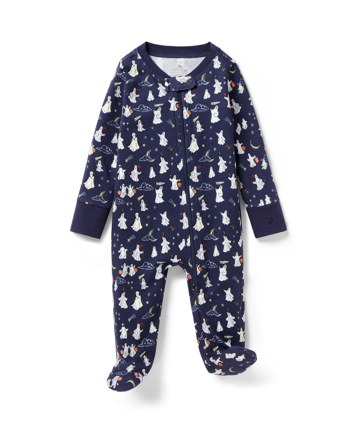 Baby Pima Romper In Spooky Slumber featuring friendly ghosts and crescent moons for Halloween fun.
