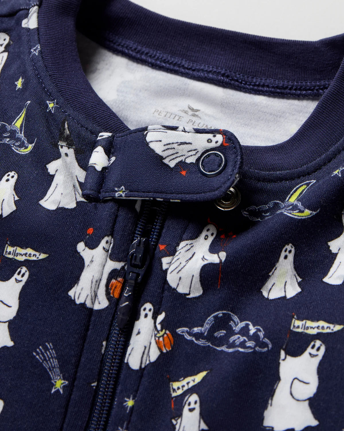 Close-up of Baby Pima Romper In Spooky Slumber made from soft Peruvian Pima Cotton, perfect for cozy play.