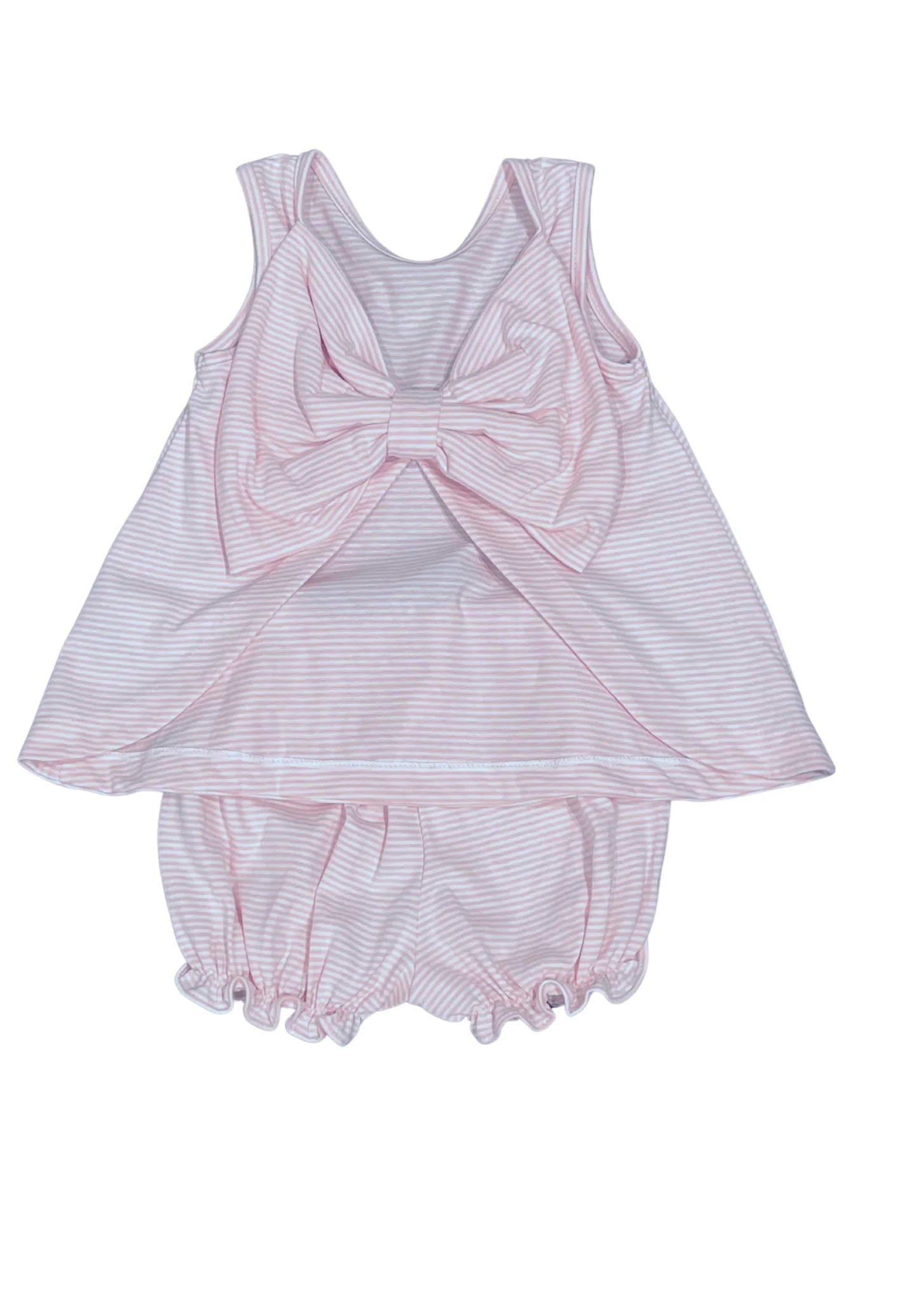 Front view of the Lottie Knit Bloomer Set Pink Stripe by James and Lottie with a stylish bow detail, highlighting the charming design of this knit bloomer set.