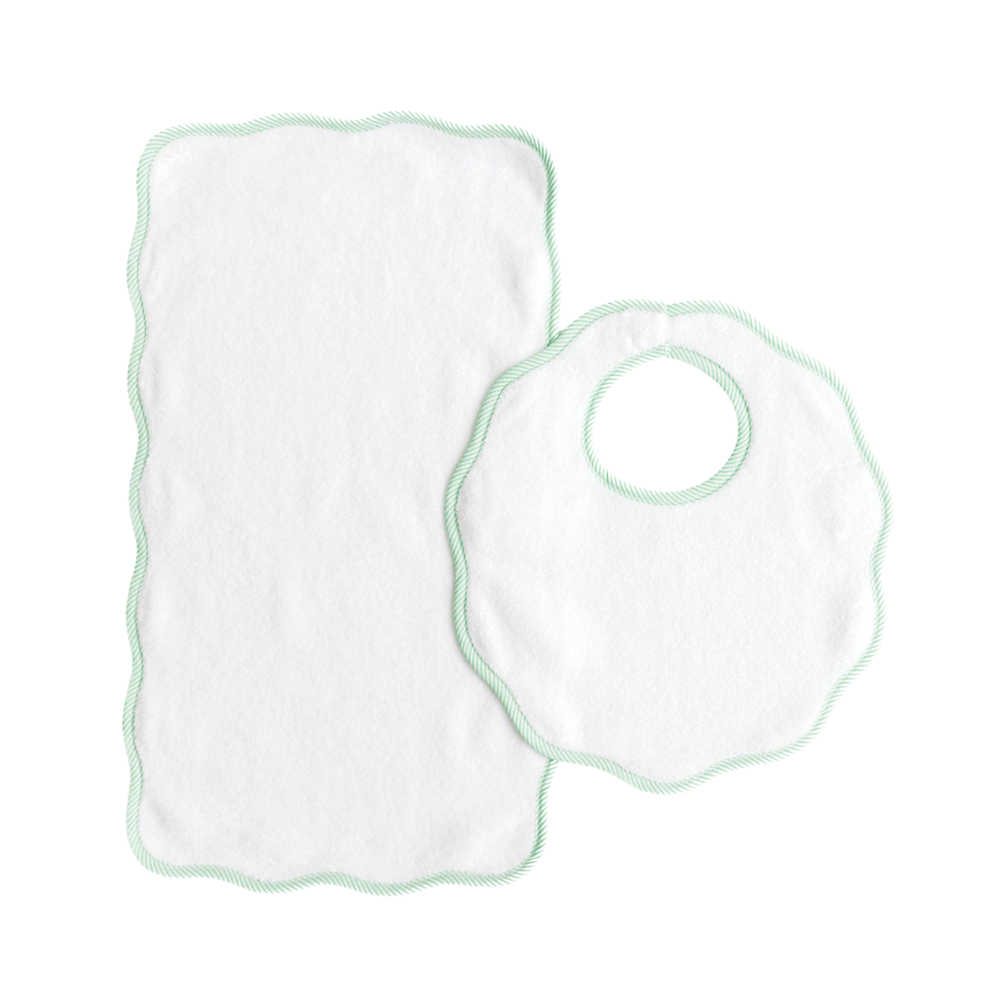 Bib & Burp Set Green Stripe Scalloped Edge