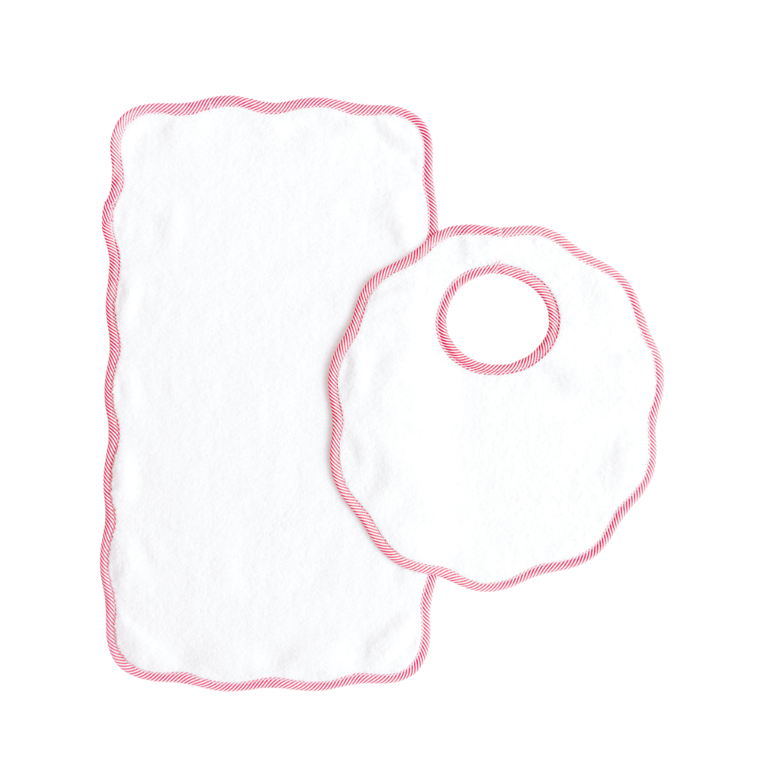Bib & Burp Set - red stripe scalloped edge