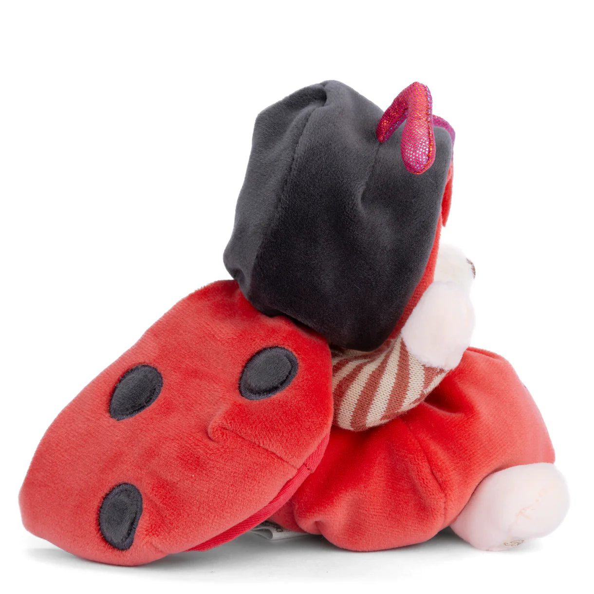 Ziggy Ladybug plush bear, side view showing size dimensions of 7″ L × 4″ W, ready for imaginative play.