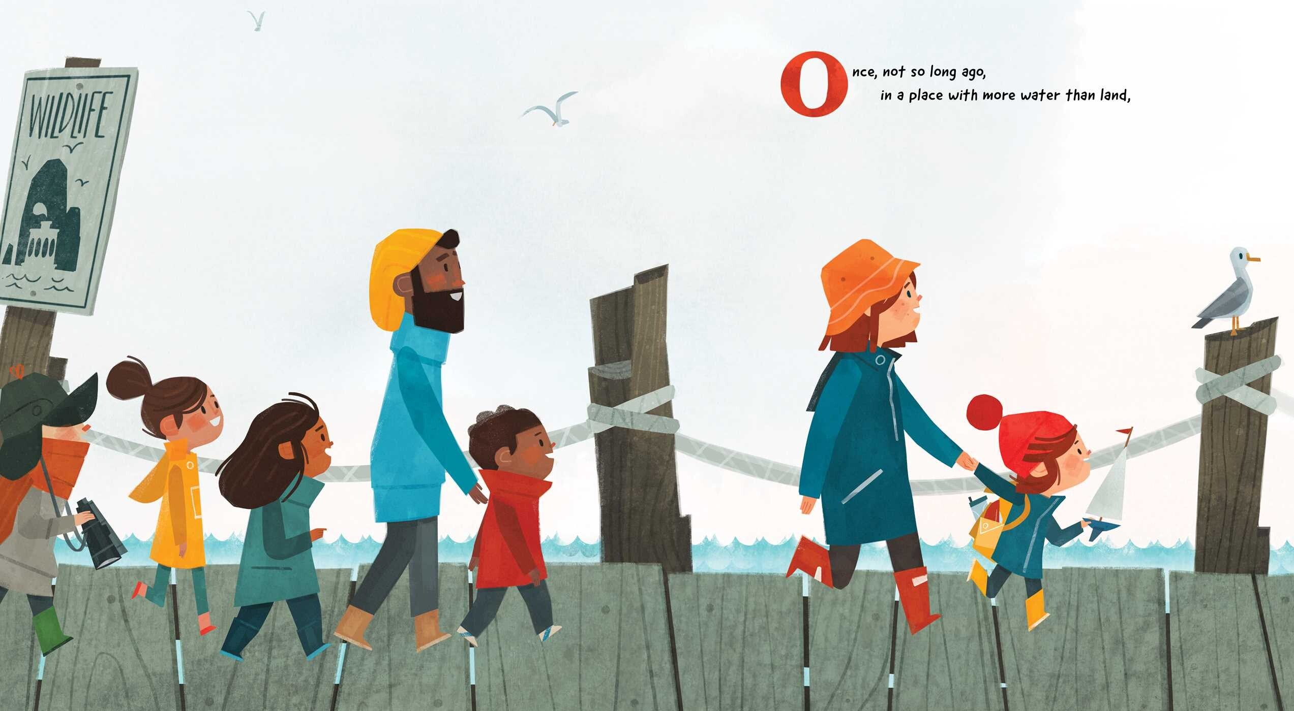Illustration from the children's picture book 'A Little Ferry Tale' by Chad Otis, featuring children walking down a pier towards a sign labeled 'Wildlife,' highlighting the adventure awaiting them. Available from Books.