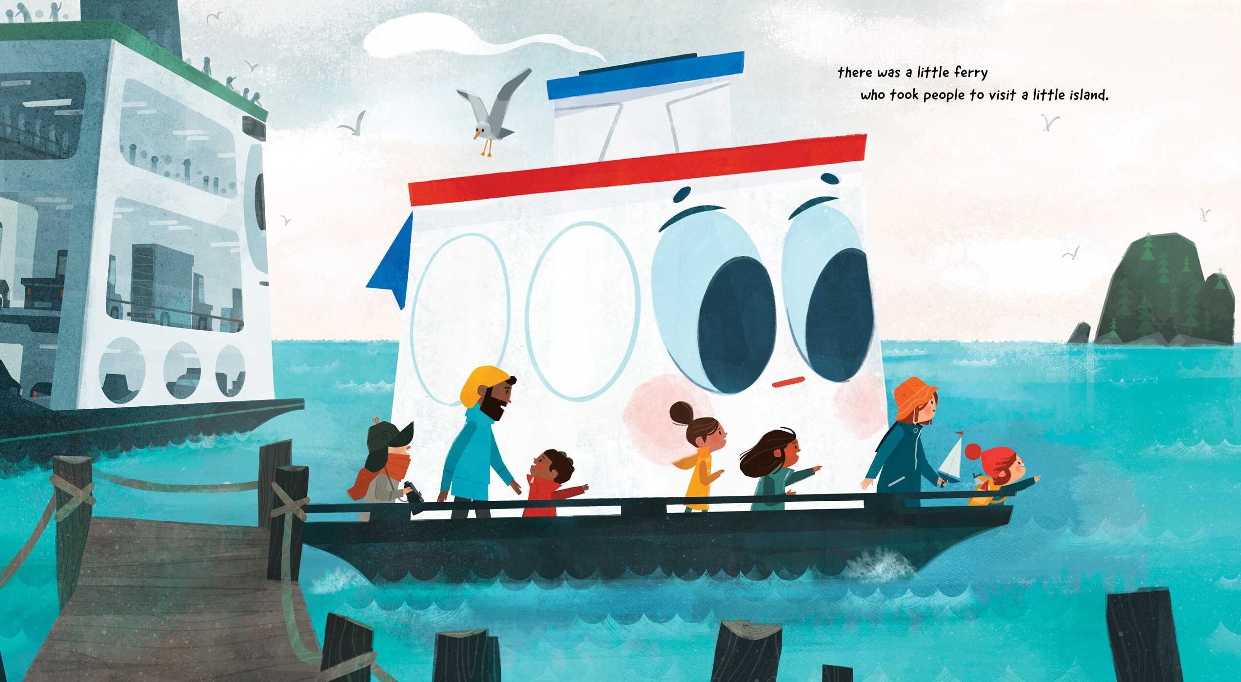Illustration from 'A Little Ferry Tale' by Chad Otis, depicting Little Ferry taking children to a small island, alongside enthusiastic characters enjoying their ferry ride. Available from Books.