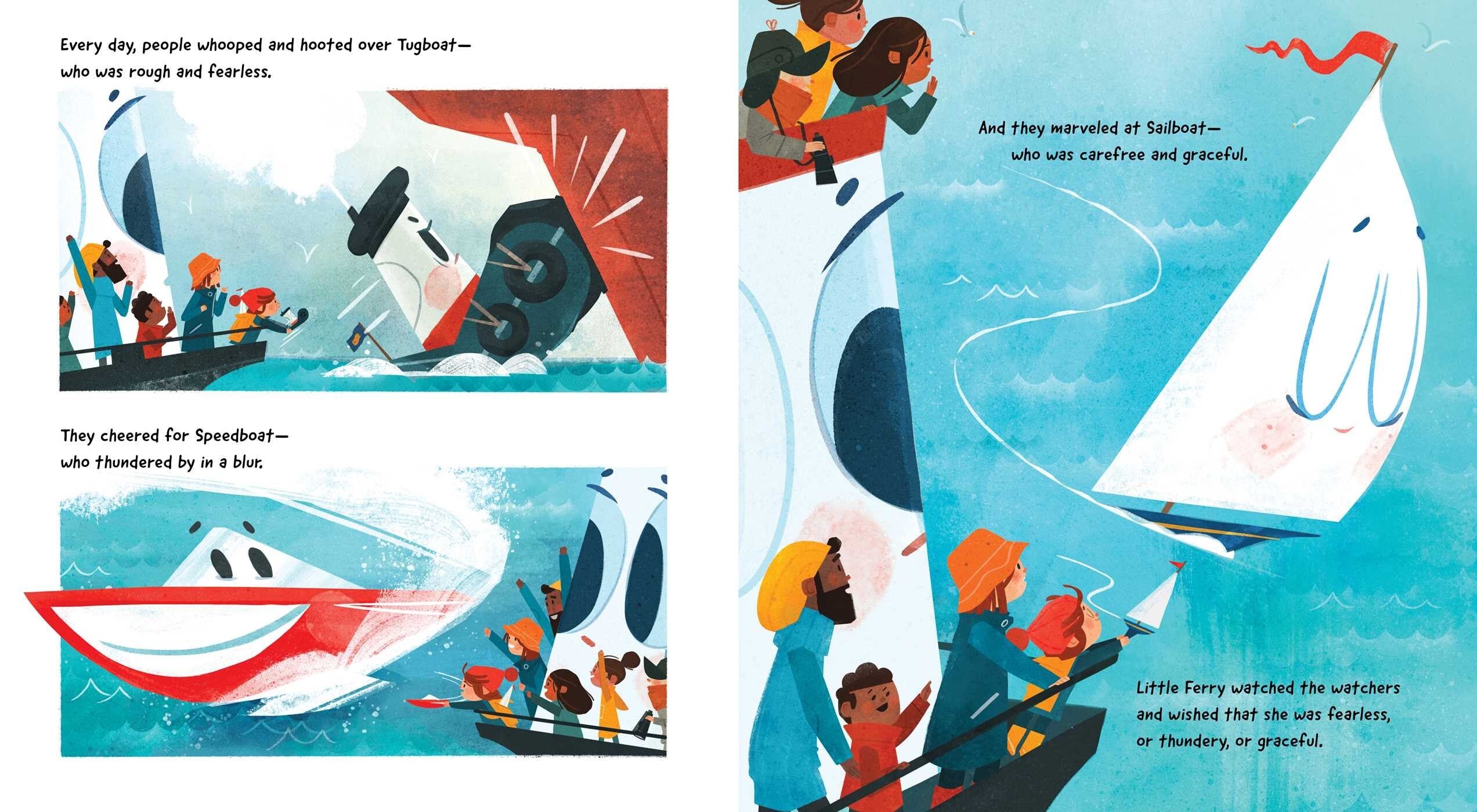 Illustration from the children's picture book 'A Little Ferry Tale' by Chad Otis, showing vibrant boats and excited people cheering for Tugboat and Speedboat as they race. Available from Books.