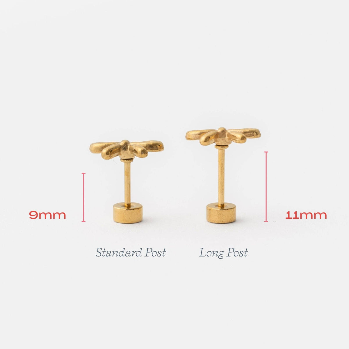 Bow Long Post Gold Stud - Hypoallergenic, Flat Back, Girl