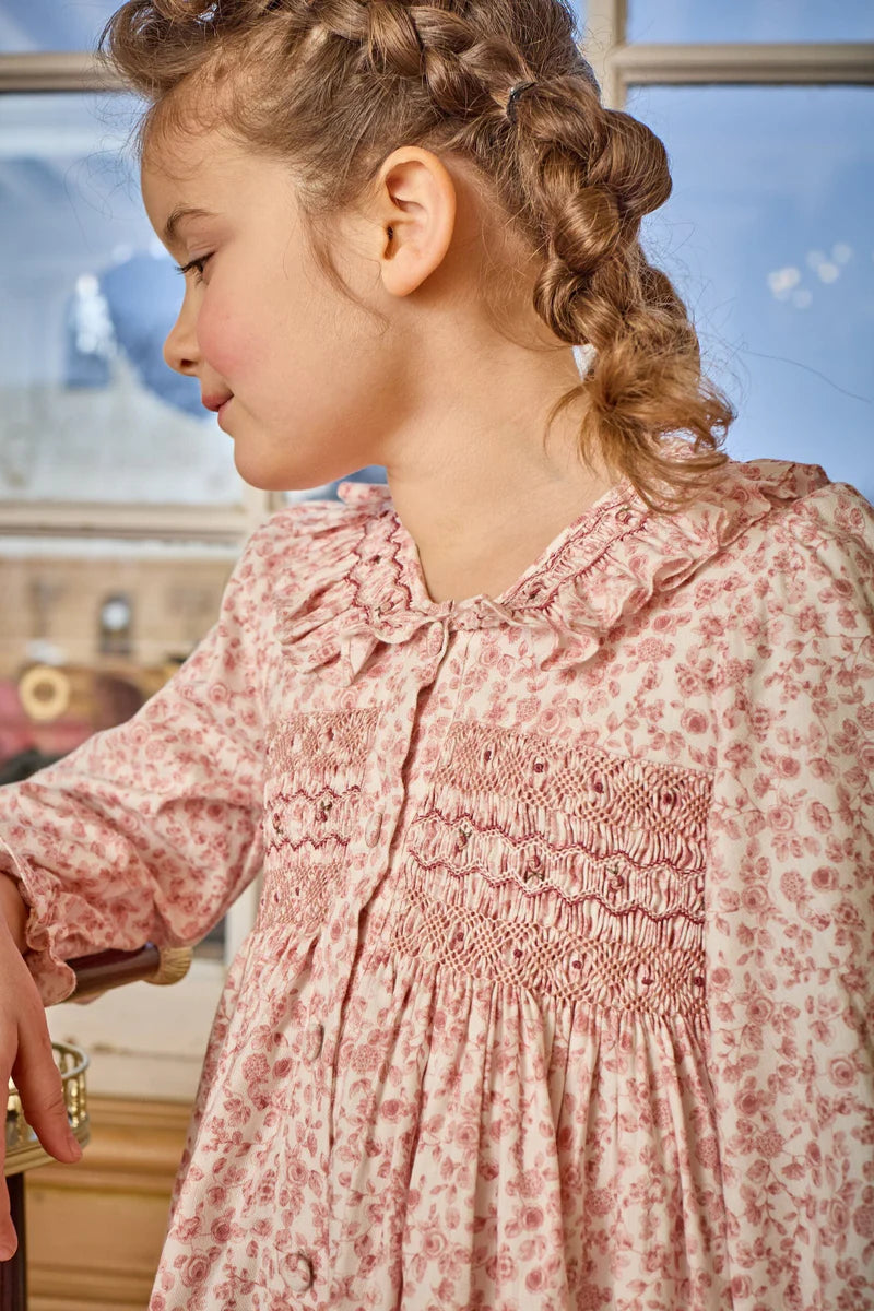 Adeline Smocked Dress in Old Rose Garden Print