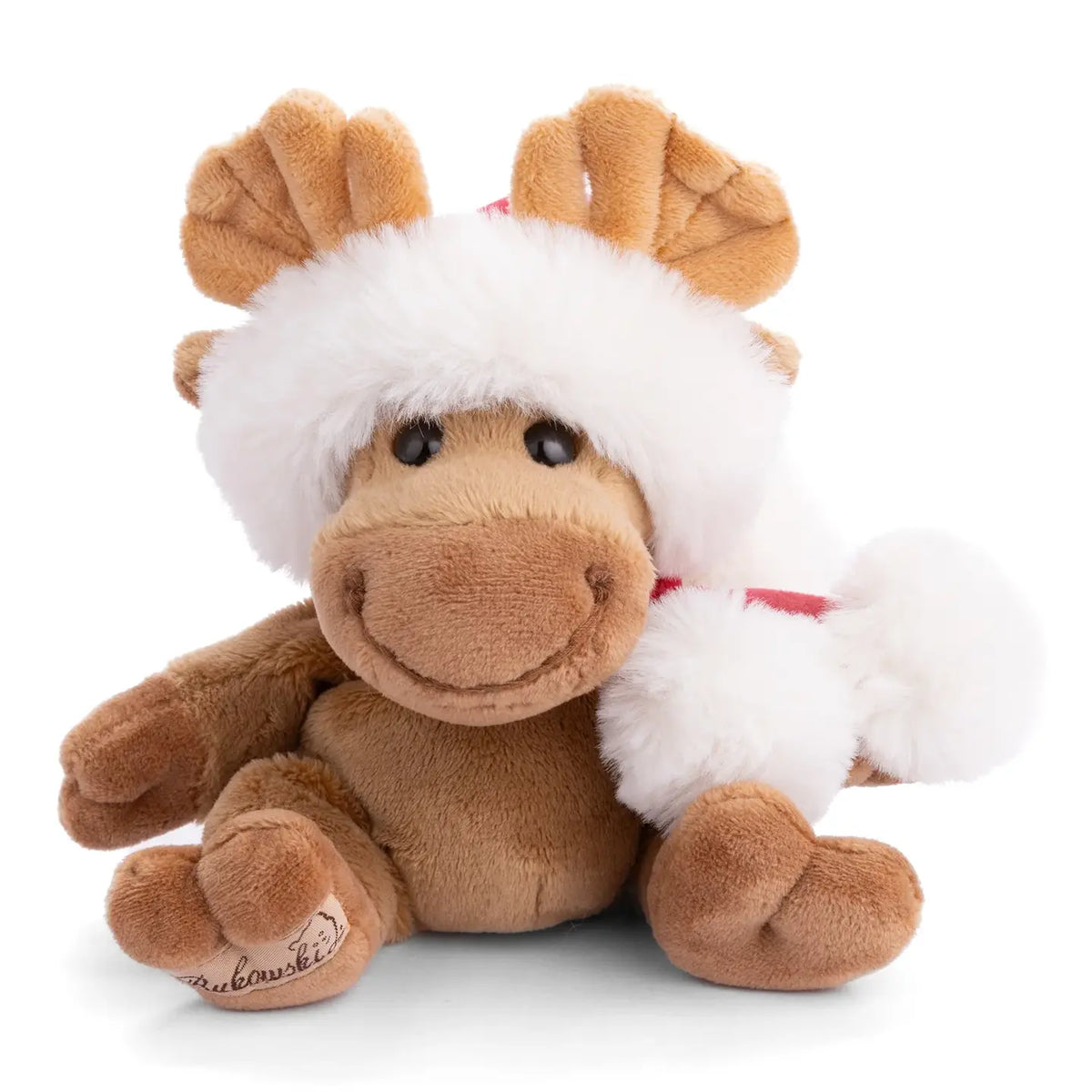 Bukowski Bears Baby Benny X-Mas plush Christmas moose wearing a fluffy Santa hat and red scarf, seated and smiling