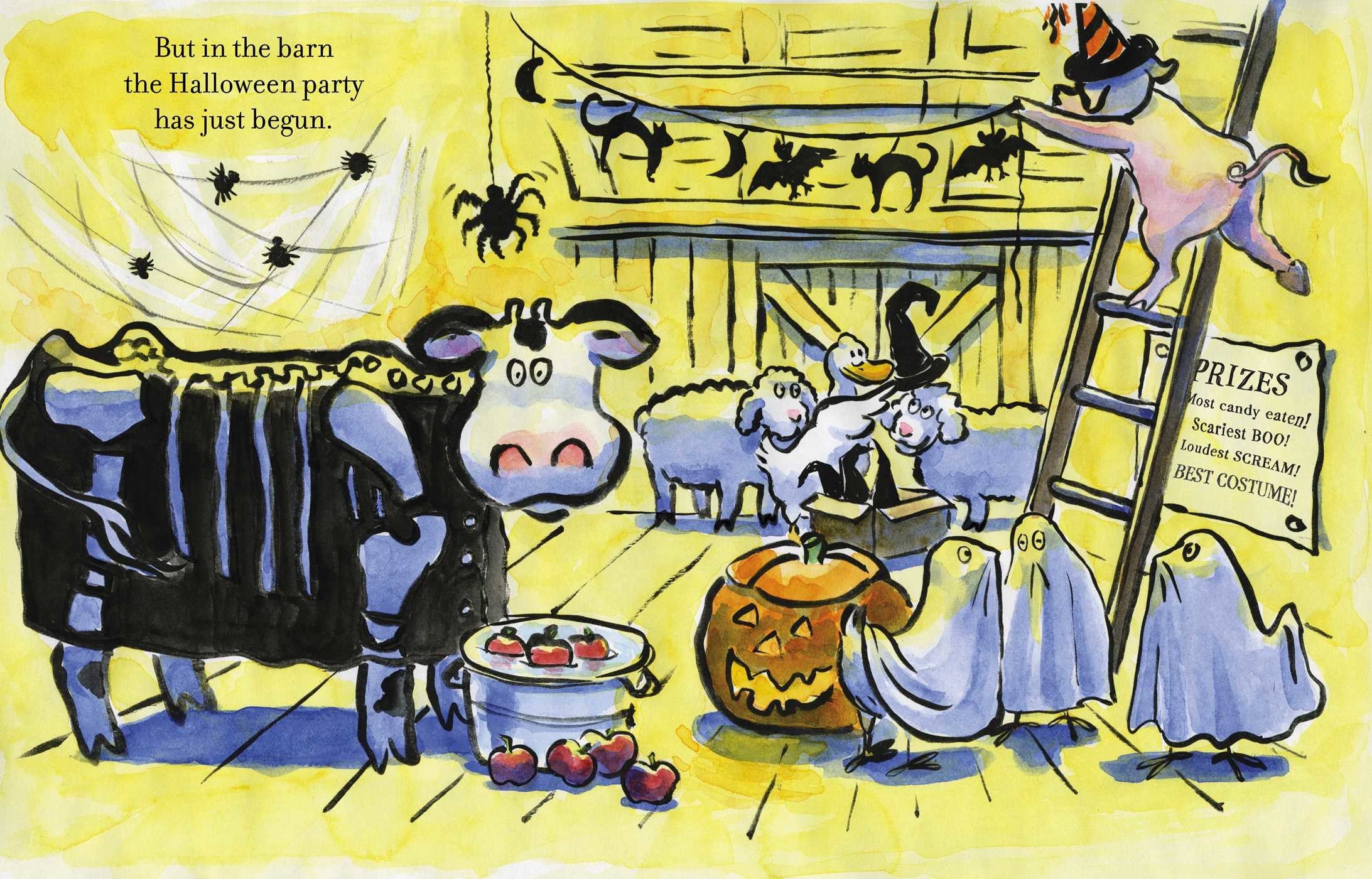 Inside page of Click, Clack, Boo! displaying playful scenes of animals planning Halloween tricks and surprises.