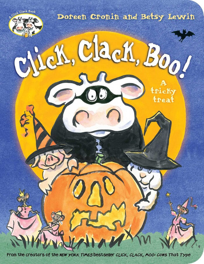 Illustration from Click, Clack, Boo! showing Farmer Brown in his pajamas with barnyard animals ready for Halloween fun.
