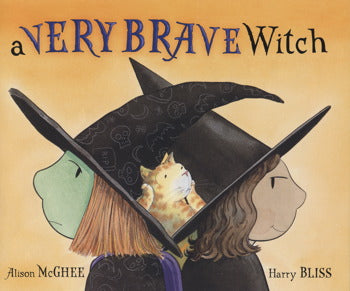 Illustration from 'A Very Brave Witch' by Alison McGhee and Harry Bliss, featuring two witches with distinct personalities, one with green skin and a playful cat, showcasing the whimsical theme of Halloween, available from Books.