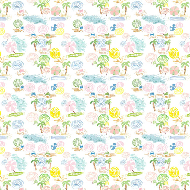 Colorful pattern design of the Stylish Ocean Club One Piece Swimsuit by The Proper Peony, showcasing beach elements like palm trees and beach balls, ideal for children's swimwear.