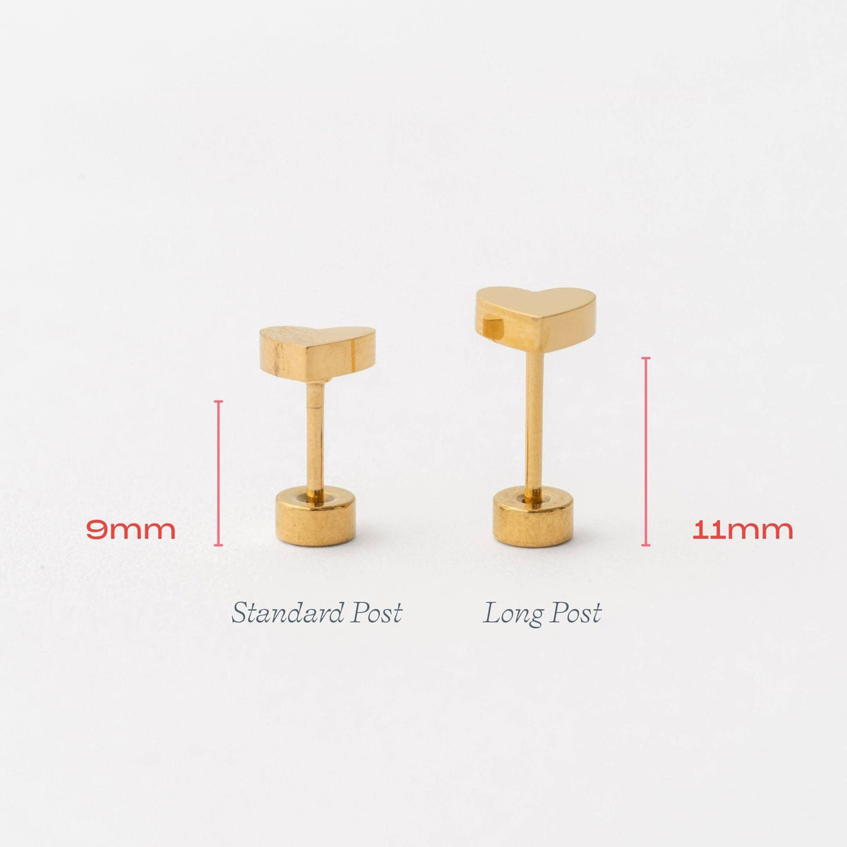 Heart Long Post Stud - Hypoallergenic, Flat Back, Girl Gift
