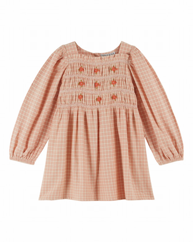 Orange Embroidered Dress with Smocking