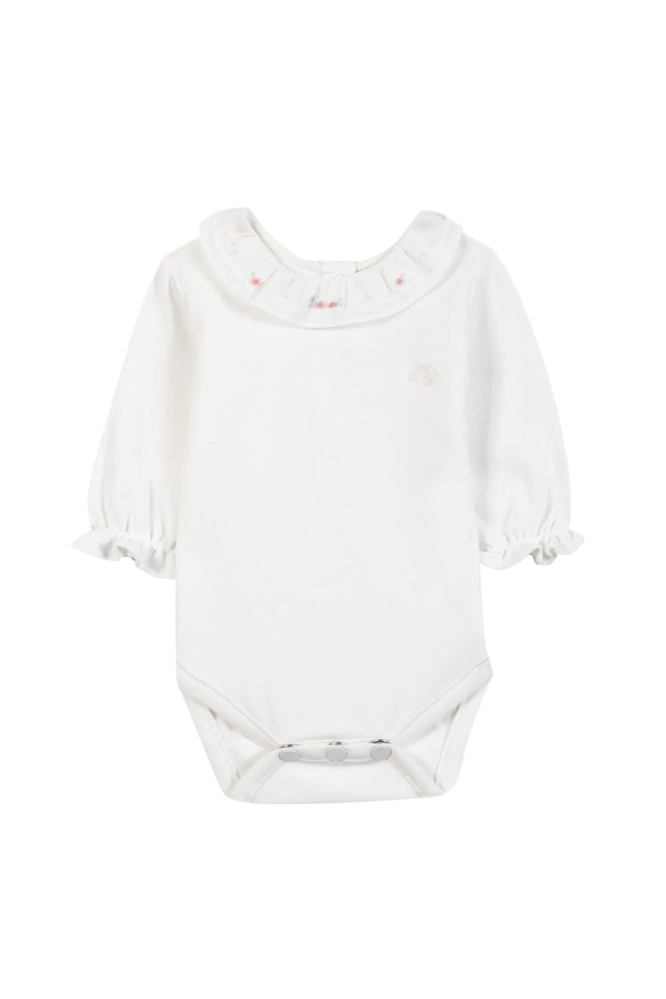White baby bodysuit with ruffled sleeves on a white background