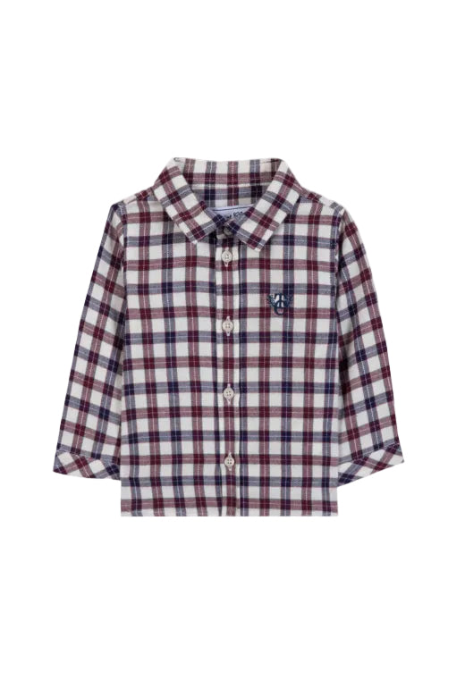 Plaid shirt with a small logo on a white background