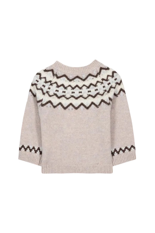Beige sweater with black and white pattern on a white background