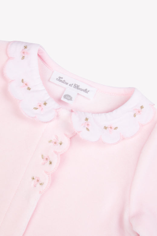 Collared LS Footie w/ Embroidery Rose Pale F26