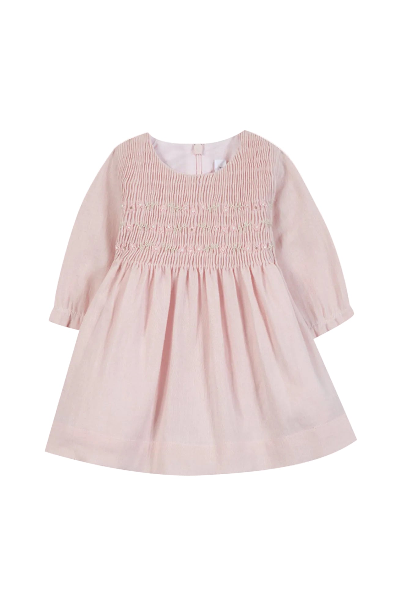 Pink dress with smocked bodice on a white background