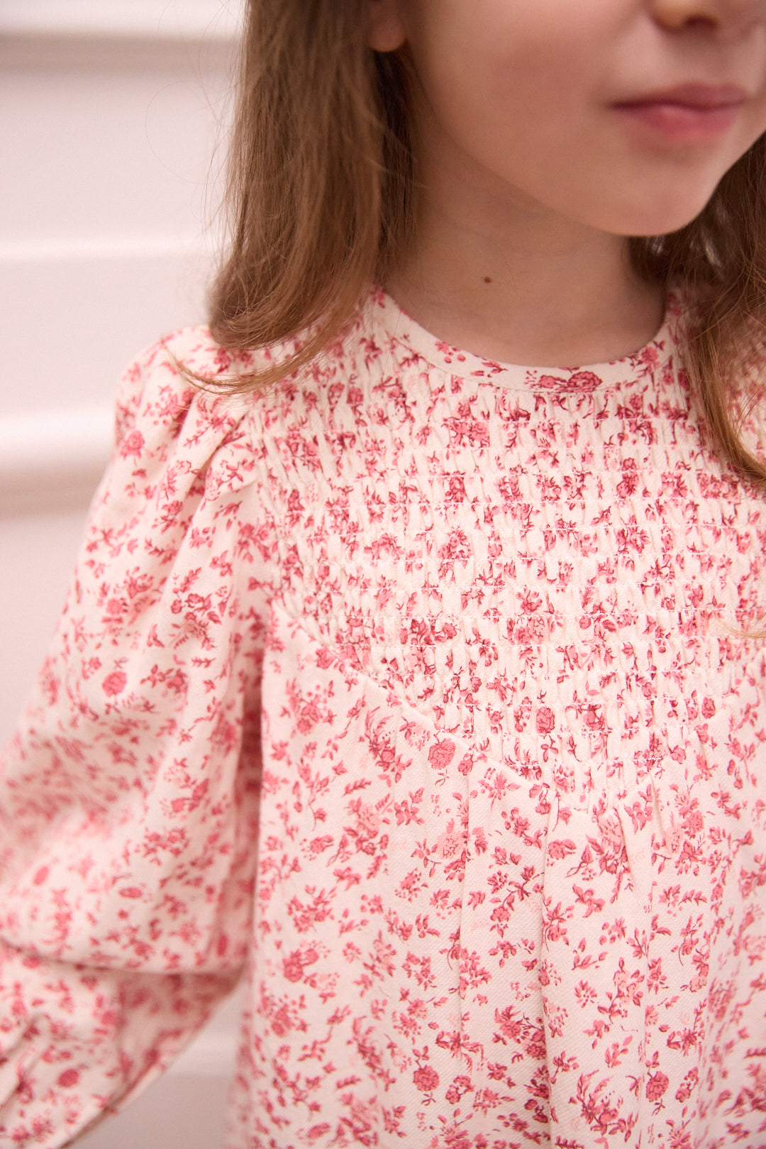 LS Smocked Woven Dress White Pink Floral F26