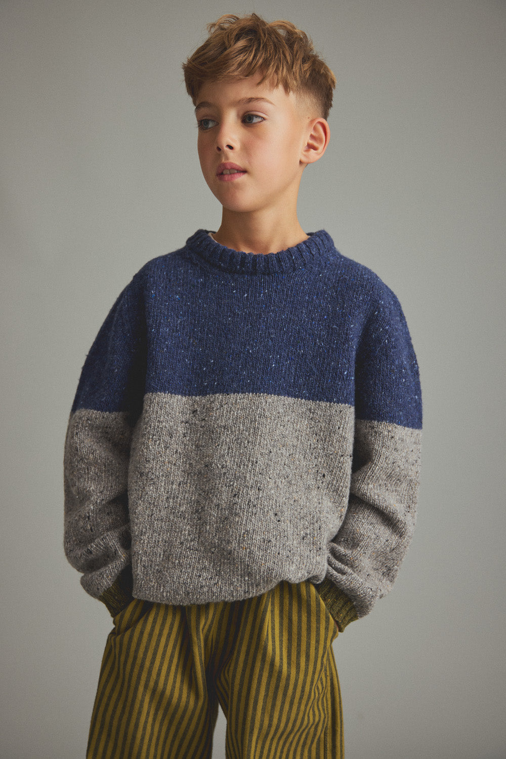 Tweed Tricot Knit Sweater Kids Navy Grey F26