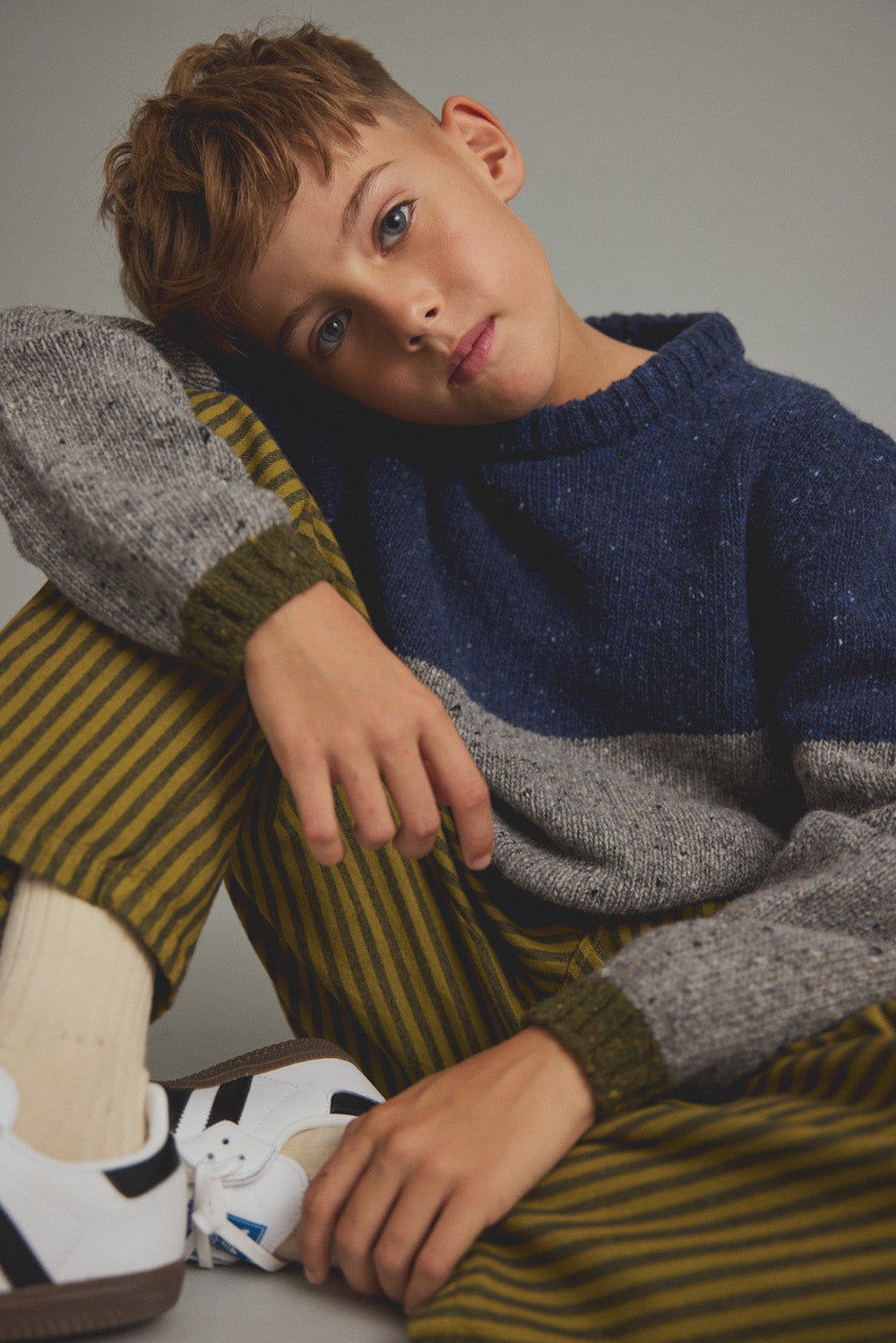 Tweed Tricot Knit Sweater Kids Navy Grey F26