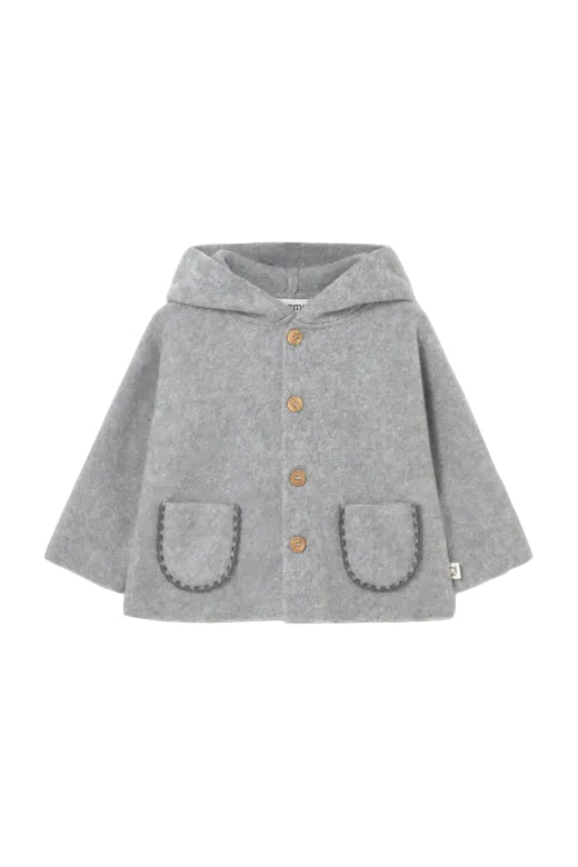 Gray hooded coat with button details on a light gray background