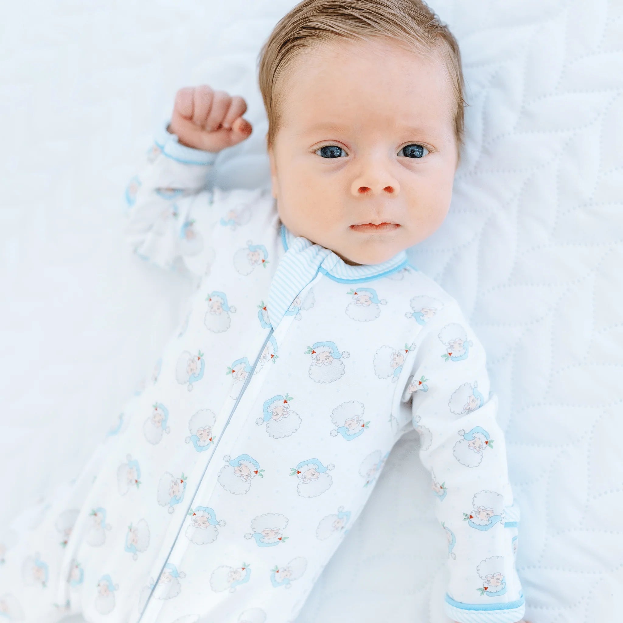 Santa Baby Light Blue Printed Zipper Footie