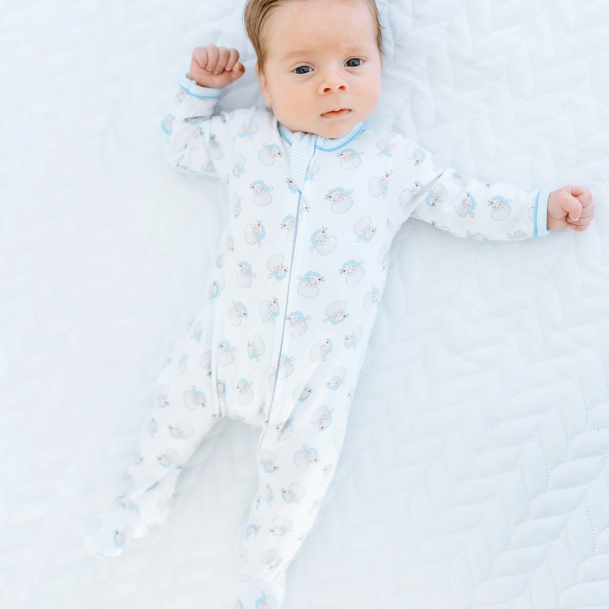 Santa Baby Light Blue Printed Zipper Footie